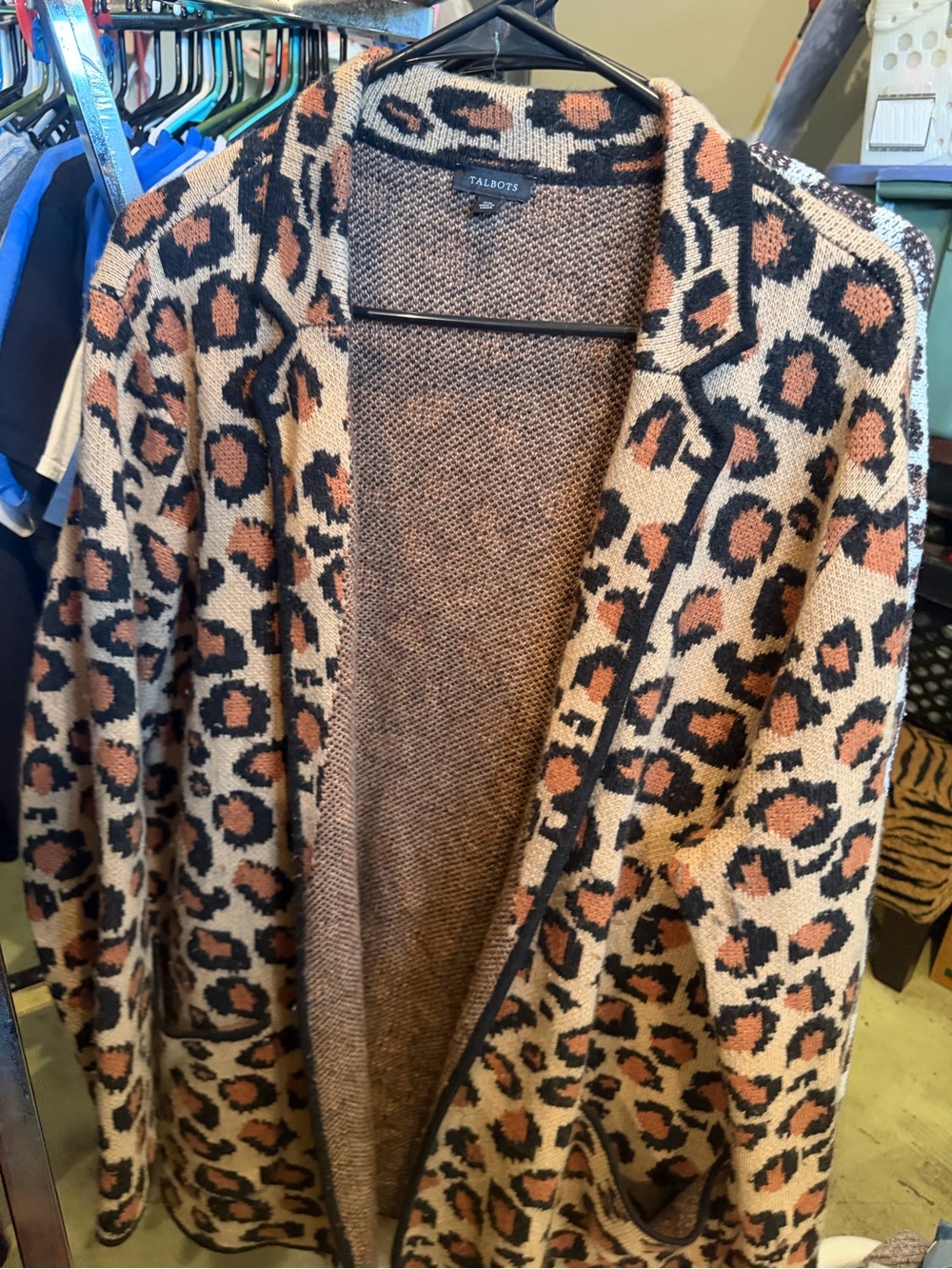 Talbots Leopard-Print Open Front Cardigan in Brown and Cream